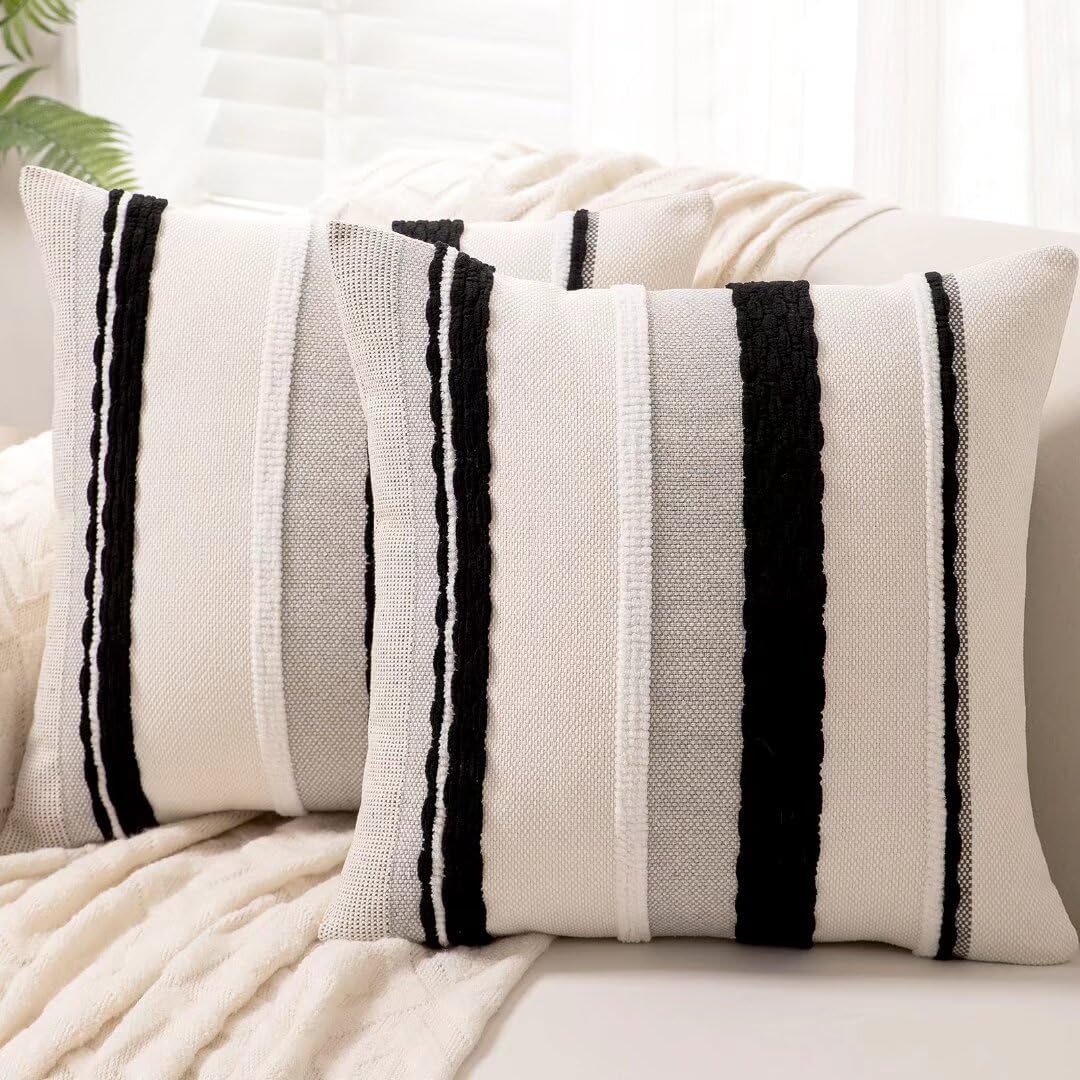 Boho Throw Pillow Covers 18x18 Set of 2 Farmhouse Decorative Cushion Case Striped Square Pillows Cover Chenille Pillow Cases Accent Neutral Pillowcase for Sofa Couch Bed,Sky Blue