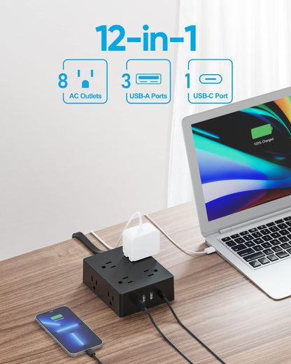 Surge Protector Power Strip, Olcorife Ultra Thin Flat Plug Extension Cord 5ft, 8 Outlets 4 USB Ports(1 USB C), Flat Wall Plug Outlet Extender, College Dorm Room Essentials, Black