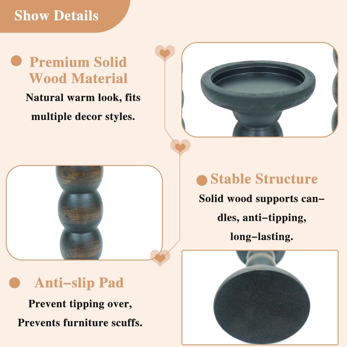 HuiDao Solid Wood Candle Holder, 3Pcs Rustic Black Candle Holders for Pillar Candles, Decorative Candle Holders Distressed Wooden Farmhouse Candle Holder Large for Fireplace Table