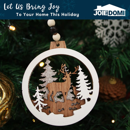 JOIEDOMI 6 Pcs Christmas Wooden Ornaments, Christmas Farmhouse Rustic Reindeer, Hanging Wood Ornaments for Winter Holiday Indoor Decor, Xmas Tree Decorations