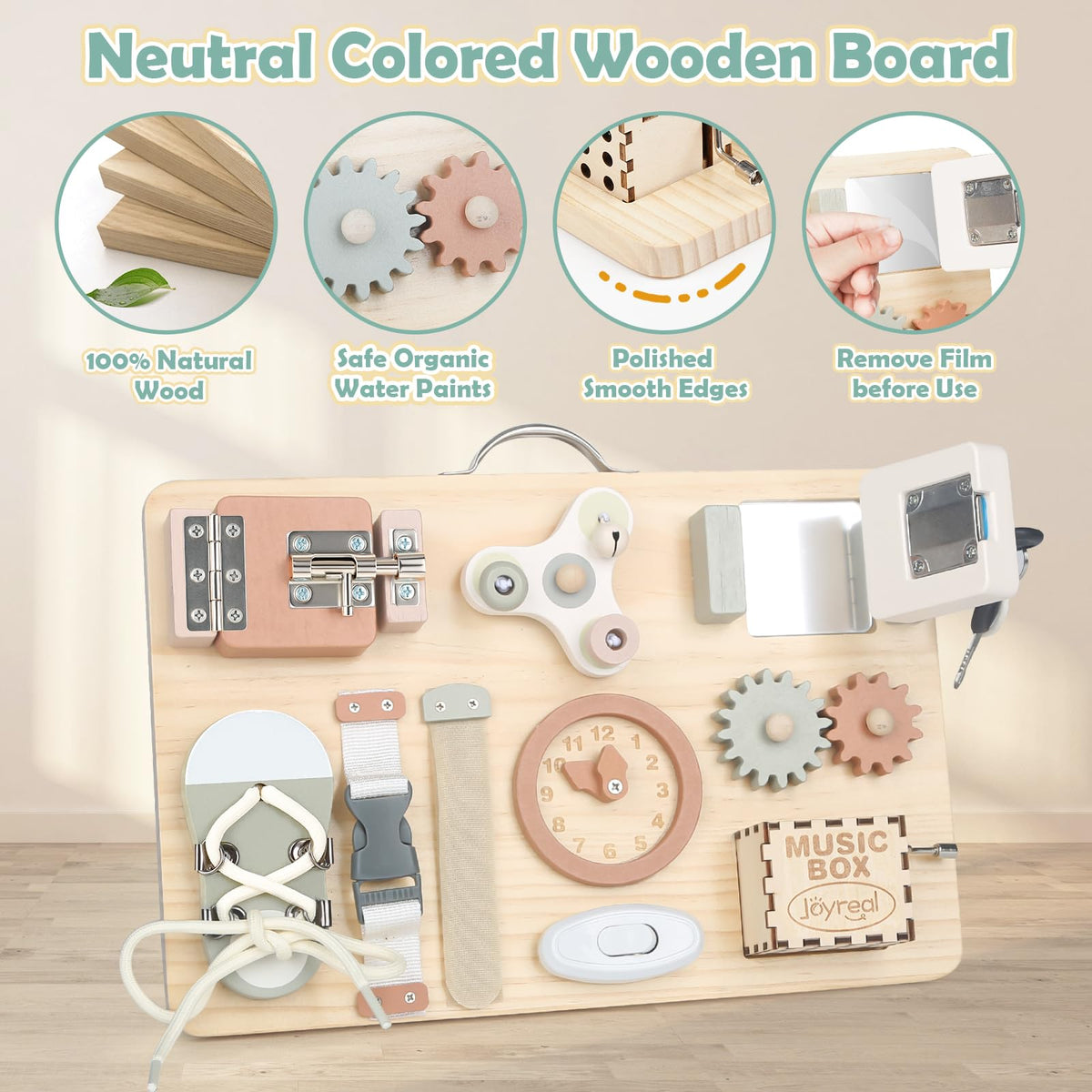 Joyreal Wooden Busy Board for Toddlers, Montessori Toys for 1 2 3 Year Old, Sensory Activity Board with Music Box & 12 Motor Skill Activities, Educational Travel Toys Gift for Boys Girls