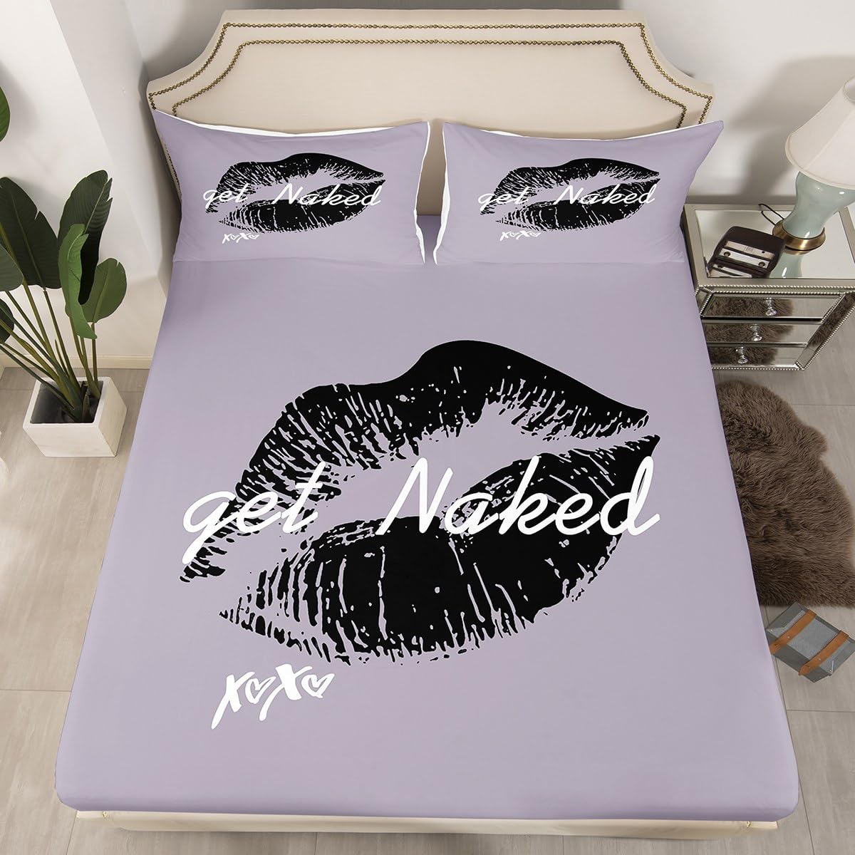 Get Naked Bedding Set Funny Quotes Kiss Fitted Sheet & Pillow Sham Set Sexy Feminine Lips Print Art Bed Sheet Set for Men Women Couple Lover Grey White Bed Cover No Flat Sheet Room Decor Full Size
