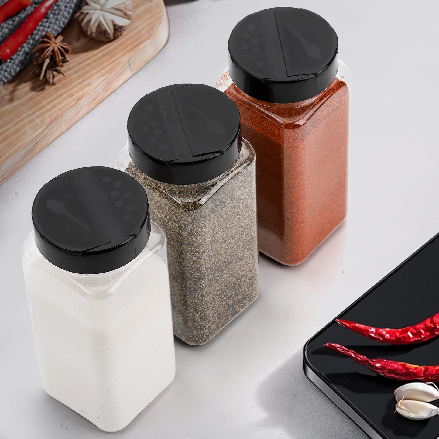 Hacaroa 16 Pack 20 Oz Plastic Spice Jars with Shaker/Pourer Lids, Square Large Empty Seasoning Containers Clear Spice Bottles for Dry Food, Condiments, Herbs, Powders