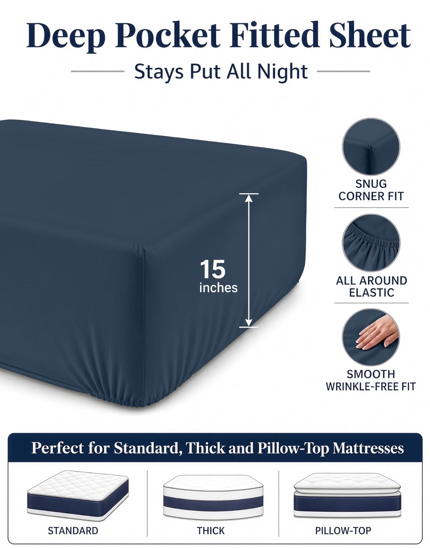Full Size Bottom Sheet - All Around Durable Elastic for a Snug Fit - 15" Deep Pocket Fitted Sheet - Helps Keep You Cool & Dry and Stays in Place - Ultra Soft, Wrinkle Free & Easy Care - Estate Blue