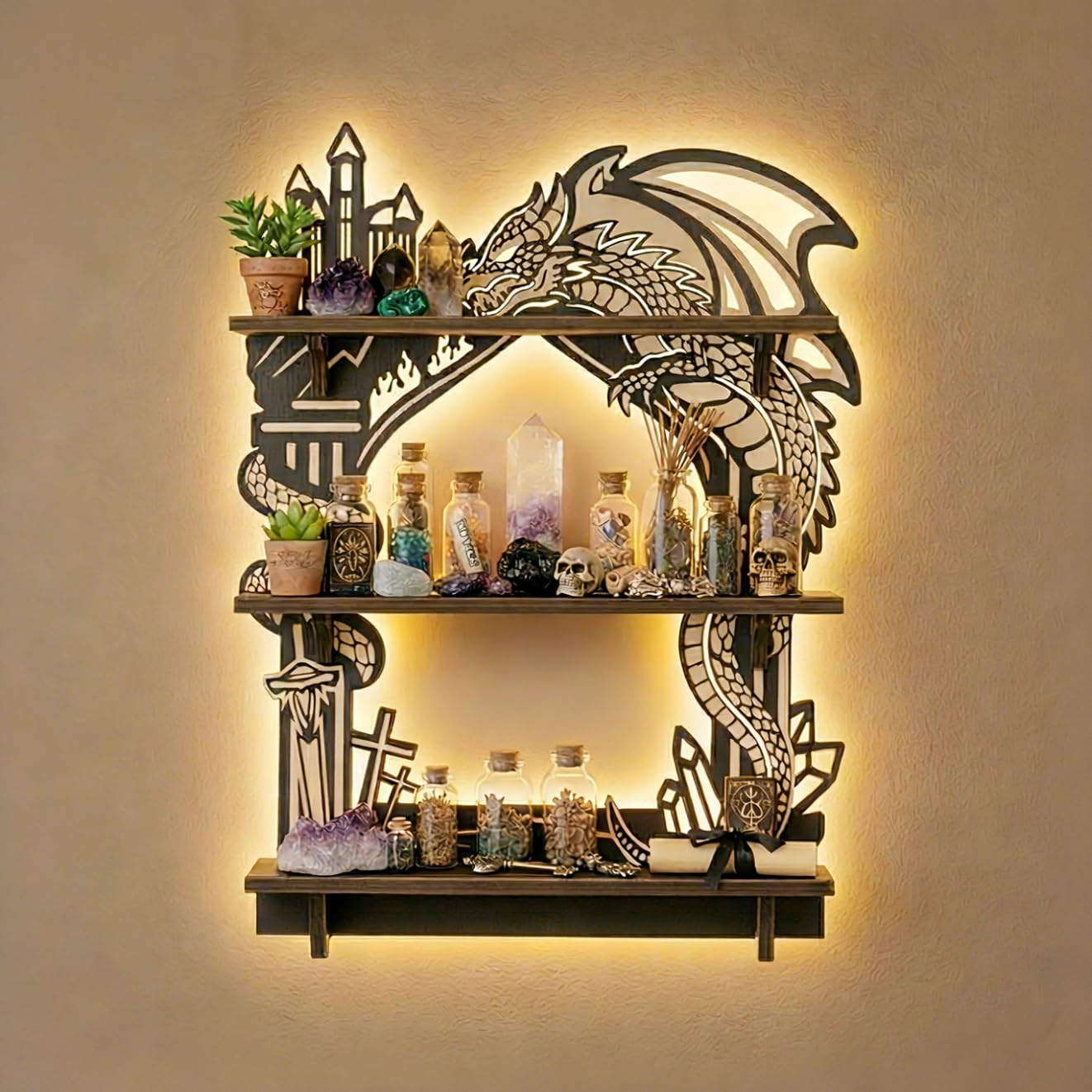 FNYDOX Wooden Dragon Shelf, Gothic Trinket & Knick Knack Shelves, Witchy Fantasy Dragon Decor with LED Light, Floating Shelf for Crystals Rocks Gems Healing Stones Display, Essential Oil Wall Shelf