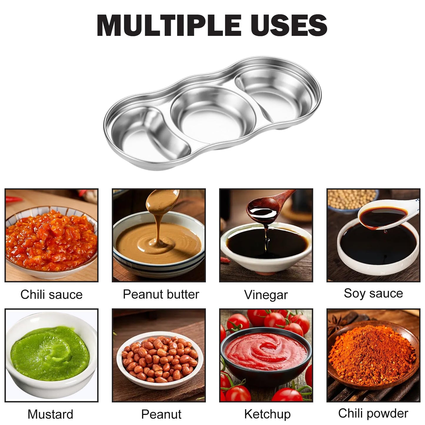 Zynexa 6 Pcs Soy Sauce Dish Stainless Steel 3 Compartment Korean Sauce Plate Condiment Tray Banchan Dishes for BBQ Vinegar Spice Salt Sugar Home Restaurant (Silver (Type 2))