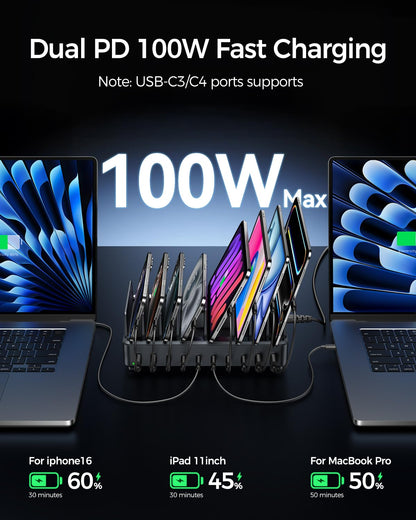 400W Charging Station for Multiple Devices, 10 Port Double PD 100W USB C Charging Station with 6 Cables, Multi-Device Organizer Fast Charging Dock for MacBook, iPad, iPhone, Cell Phone, Tablet