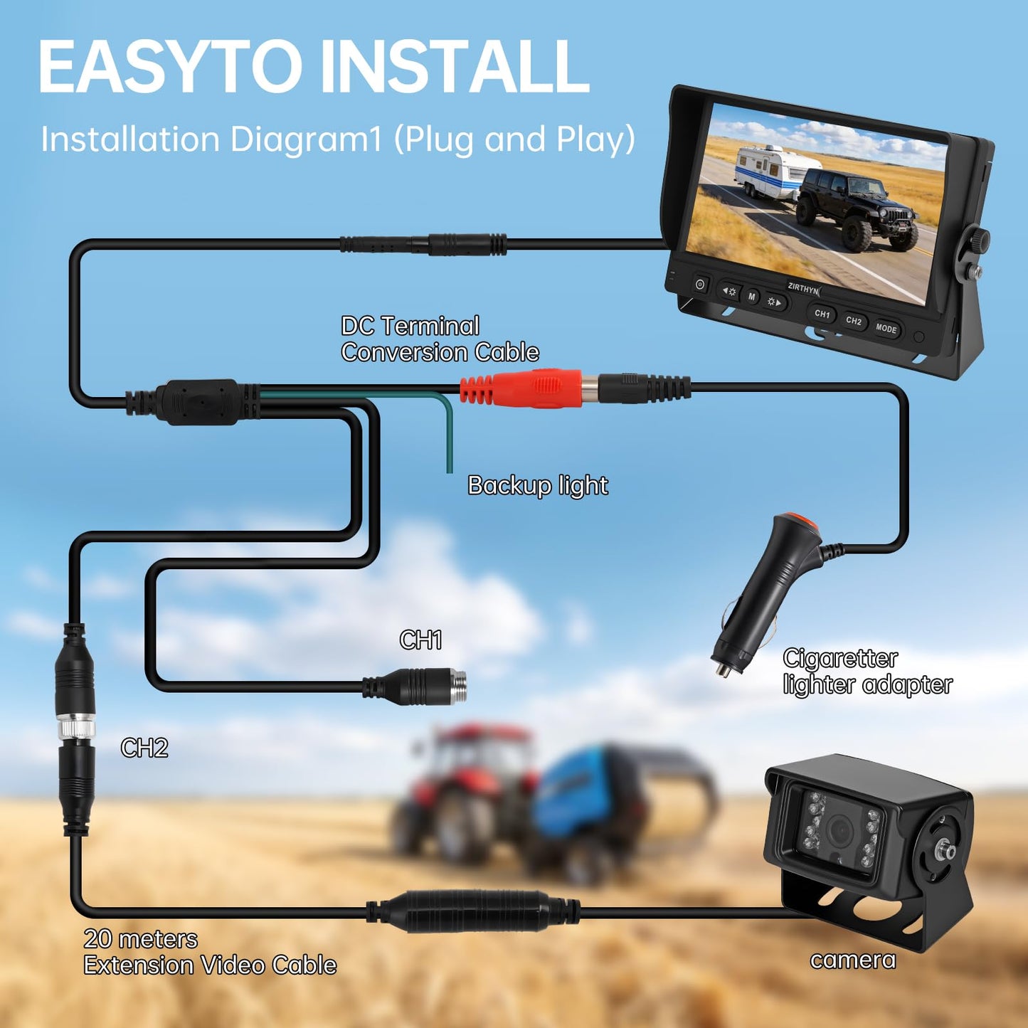 7" AHD Backup Camera System, IP69K Heavy‑Duty Reverse Rear View Camera with Guide Line, Night Vision, 20G Vibration‑Proof, Plug and Play for Truck/RV/Trailer/Tractor/Excavator/Heavy Equipment