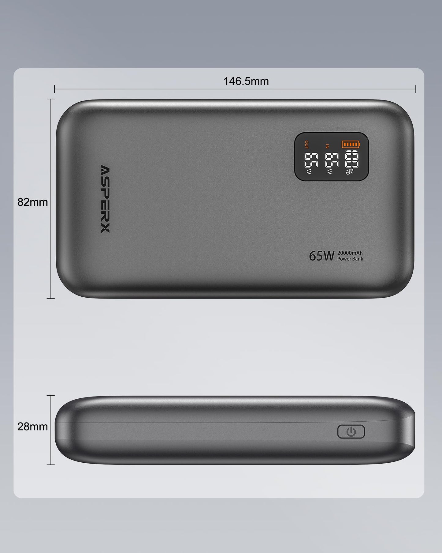 AsperX 65W Power Bank, 20,000mAh Laptop Portable Charger, PD 3.0 Fast Charging Travel Essential USB C Battery Pack for MacBook,iPhone 17/16/15/14 Series,Galaxy S24,Dell XPS, Switch,ipad,Steam Deck