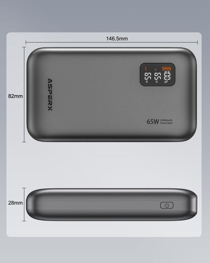 AsperX 65W Power Bank, 20,000mAh Laptop Portable Charger, PD 3.0 Fast Charging Travel Essential USB C Battery Pack for MacBook,iPhone 17/16/15/14 Series,Galaxy S24,Dell XPS, Switch,ipad,Steam Deck