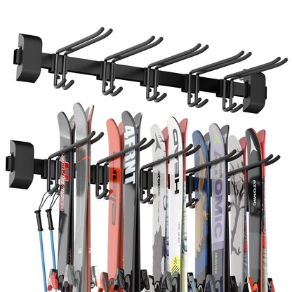 Tdrynl 32" Ski & Snowboard Wall Rack – Heavy-Duty Wall Mounted Ski Storage for Garage, Holds 10 Pairs with 5 Adjustable Hooks, 300lbs Capacity, Non-Slip Rubber, Easy Install | Ski Holders for Wall