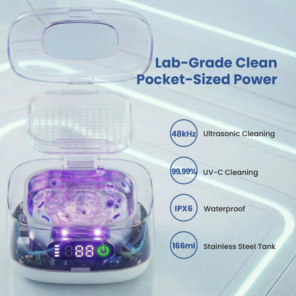 ELFOIS Portable Ultrasonic Retainer Cleaner with UV - Cordless Rechargeable Cleaner Machine for Invisalign, Aligners, Night Guards, Dentures | Travel-Ready with Built-in Mirror