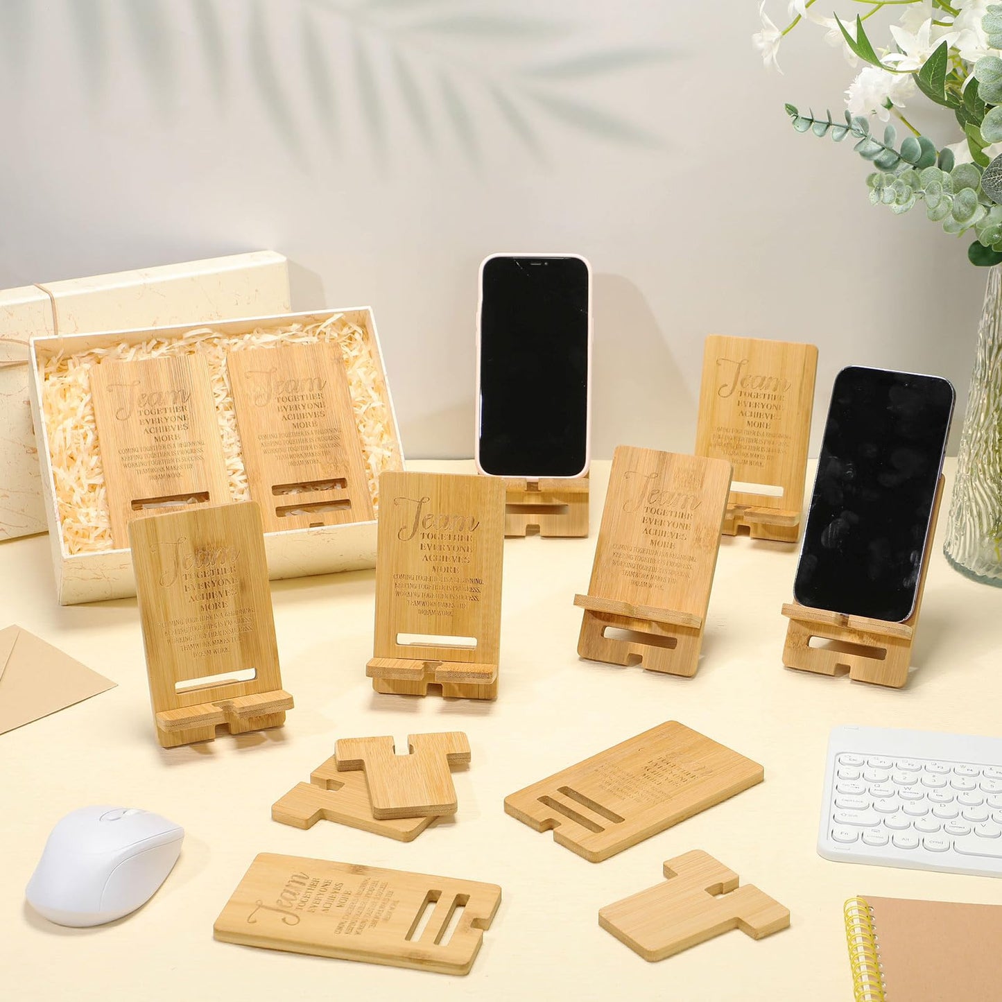 Ripeng 10 Pcs Employee Appreciation Gifts Bulk Bamboo Phone Stand for Desk Office Workers Inspiration Thank You Gift for Team Coworkers Staff Volunteer Nurse Teacher Colleagues Gratitude (Team)