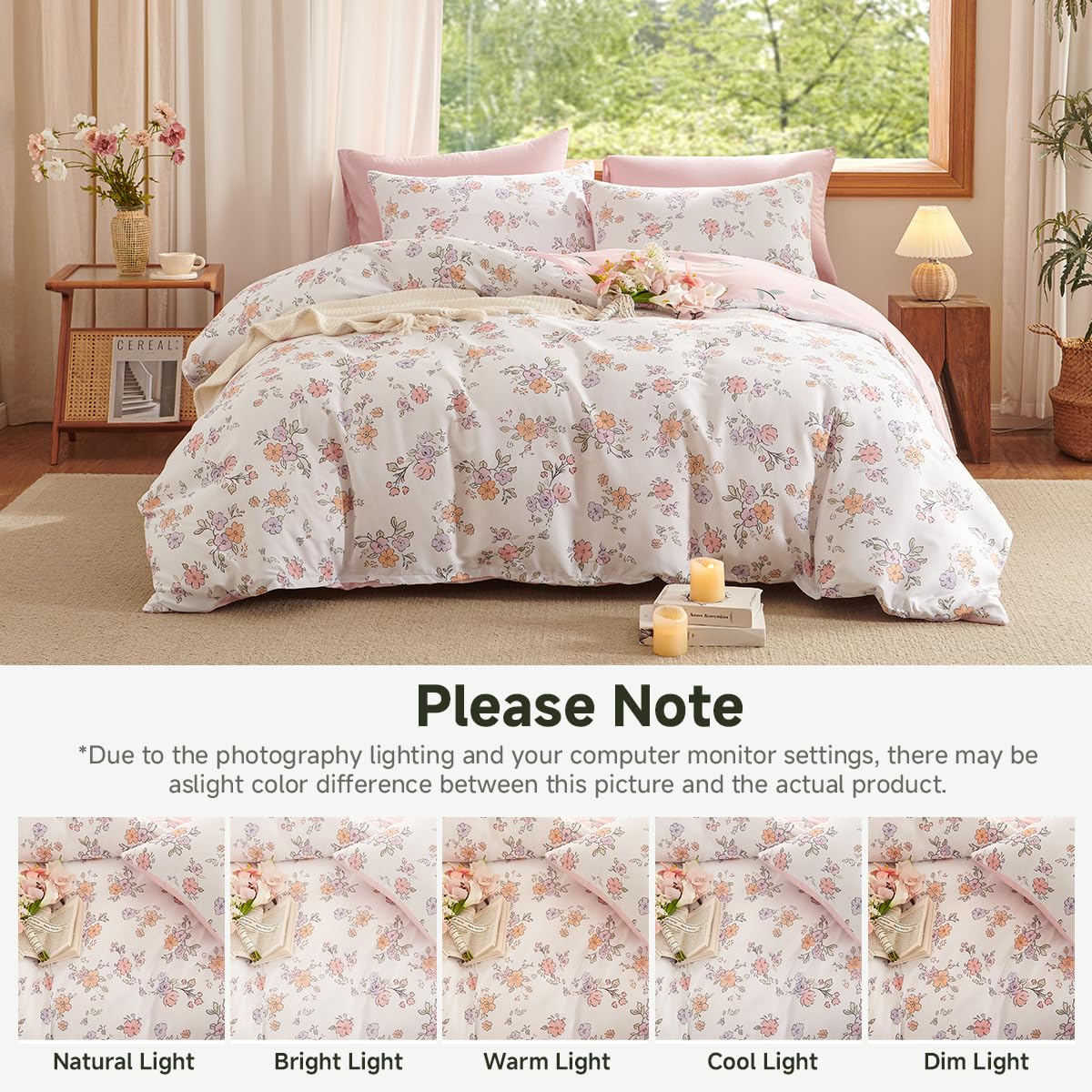 Erwinmu Floral Comforter Set King Size - 3 Pieces Pink White Floral Comforter Bedding Sets Reversible Pattern,King Bed in a Bag with Flowers Comforter and 2 Pillowcases