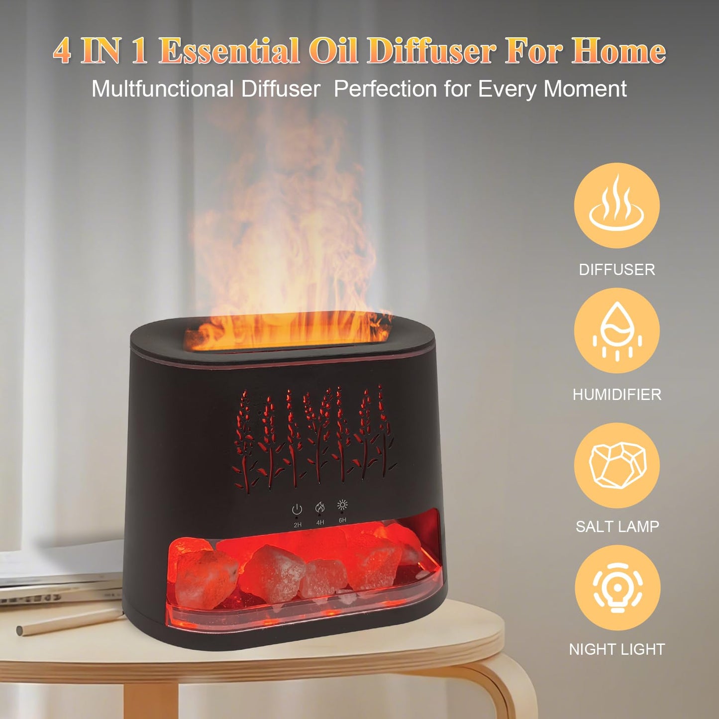 Fireplace Flame Diffuser & Himalayan Salt Lamp, 8 Colors Aromatherapy Diffuser Cool Mist Humidifier with Timer Auto Off Function for Home, Bedroom, Offie,Yoga
