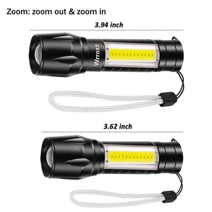 Wrrozz Led Flashlight Rechargeable USB Torch Mini Small Light Super Bright Handheld Tiny Portable Pocket Keychain Flash Light with COB Side Searchlight High Lumens Zoomable Emergency Camping 2 Pack