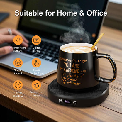 Coffee Mug Warmer & You are Awesome Mug Set, Electric Cup Warmer with Auto Shut Off, 4 Temperature Setting Smart Beverage Warmer, 8-Hours Auto Shut Off (Black Awesome Mug)