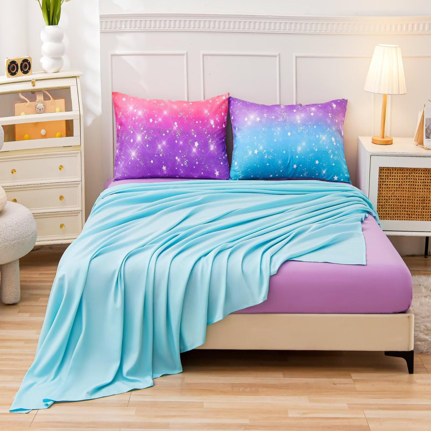 GRAT TIOC 6 Pieces Pink Purple Twin Comforter Set for Girls,Kids Glitter Galaxy Rainbow Bedding Sets Bed in A Bag (1 Comforter, 1 Flat Sheet,1 Fitted Sheet,2 Pillowcases and 1 Cushion Cover)