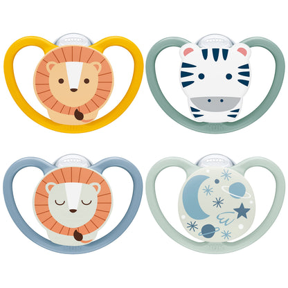 NUK Space Day & Night Baby Dummy | 18-36 Months | Glow-in-the-Dark Soothers with Extra Ventilation for Sensitive Skin | BPA-Free Silicone | Zebra & Lion | 4 Count