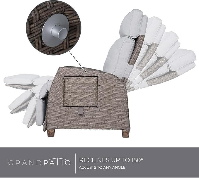 Grand patio Outdoor Reclining Chairs with Extended Footrest 2-Piece Adjustable Patio Wicker,Lounge Recliner up to 150° with Flip Side Table, Mist Grey