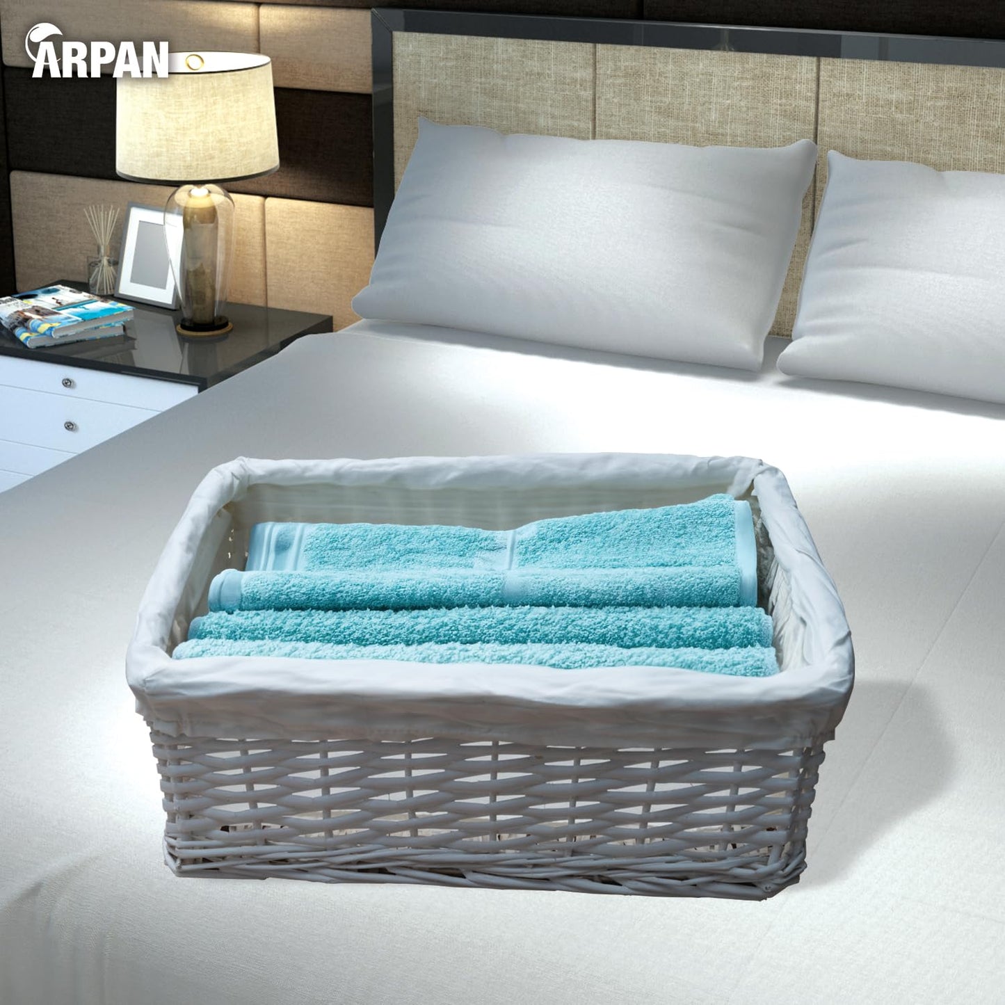 Arpan White Wicker Storage & Hamper Basket with White Cloth Lining – Small, Medium & Large Gift Baskets for Xmas, Wedding, Confetti & Parties, Snack Basket, Wicker Baskets Multipack