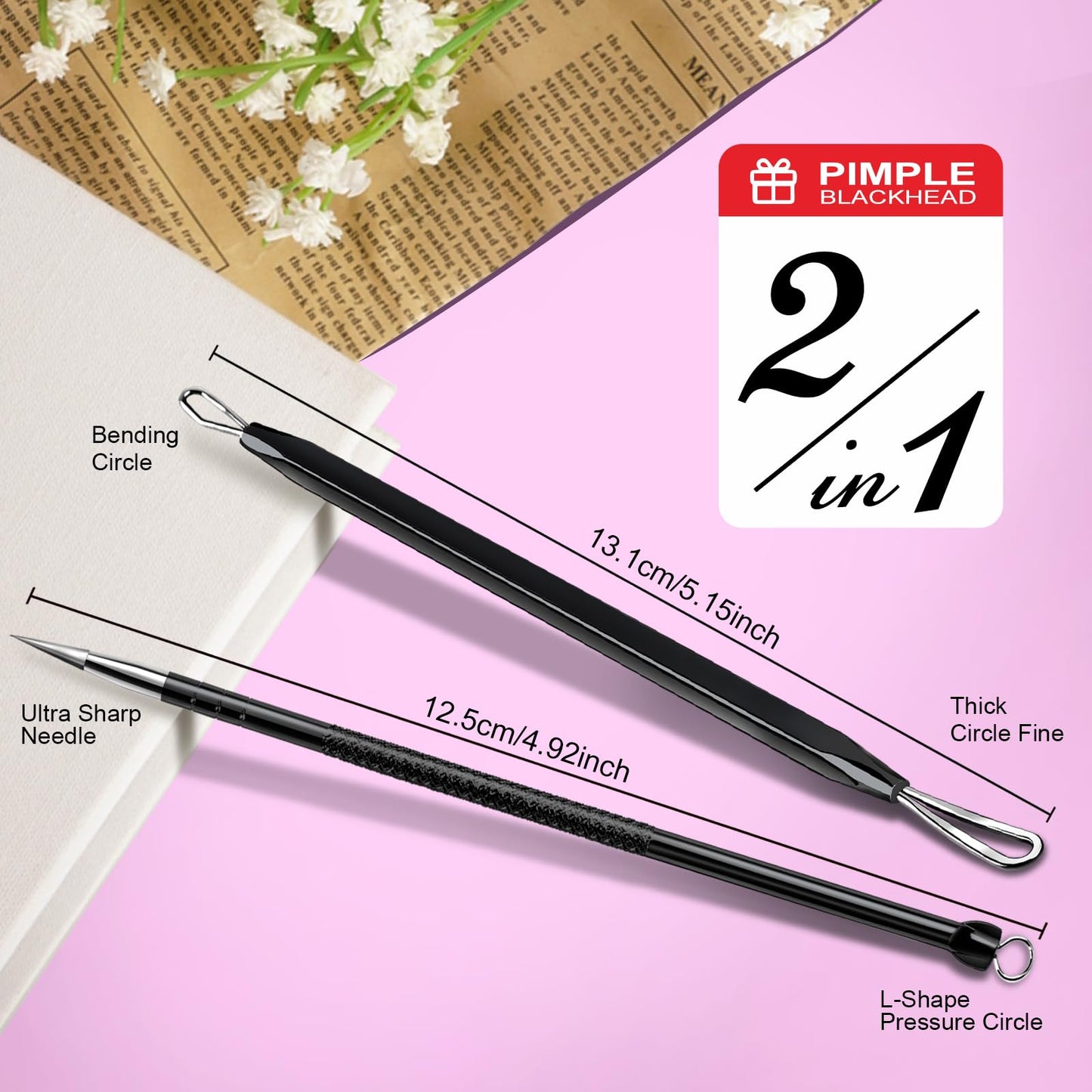 Teenitor Pimple Extractor Acne Treatment Tool Surgical Grade Blackhead Comedone Removal 2-in-1 Popper Tool for Face Nose Blackhead Extractor Tool Silver