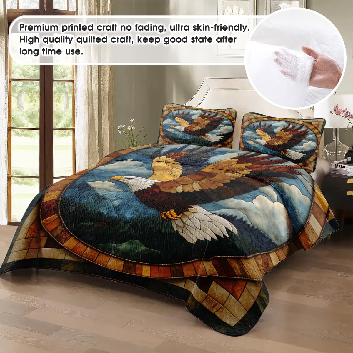 Jeminise Eagle Patchwork Printed Quilt Set, Animal Patchwork Eagle Quilt Set Throw Twin Size - Premium Pattern Quilt - Eagles Bedding Bedspread, Bedding Quilts Gift