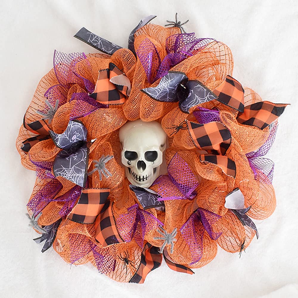 NBHH Halloween Mesh Ribbon Deco Fall Metallic Foil Black Purple Orange Green Border Striped Deco Mesh Wire Ribbon Rolls for DIY Halloween Wreaths Decorations Wrapping Craft, 4 Rolls(6 inch Wide)