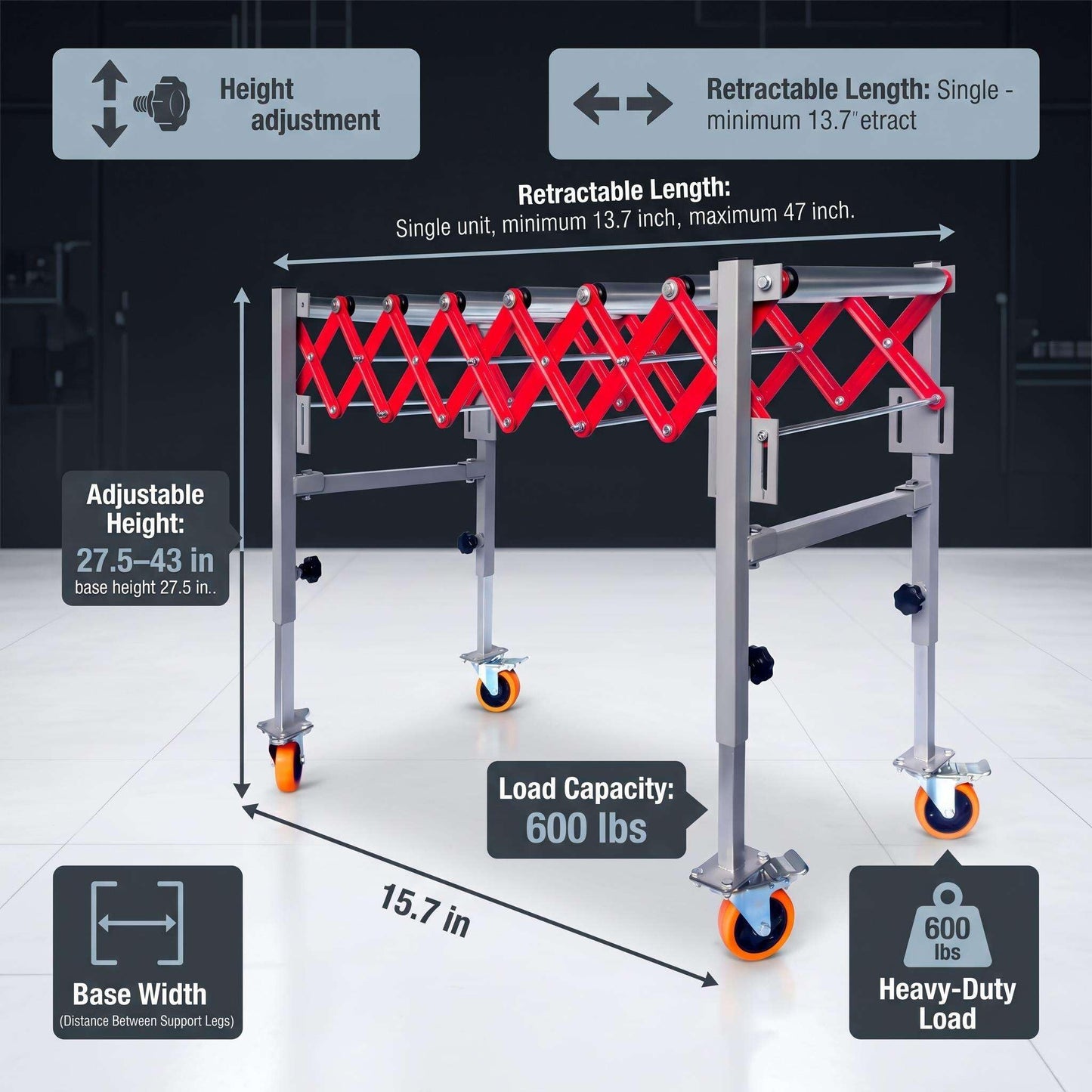 Expandable Roller Conveyor, Folding Transfer Stand with Casters, 27.5''-43'' Adjustable Height, 13.7''-47'' Extendable, 600 lbs Roller Conveyor for Warehouse Packing Roller Conveyor Applications