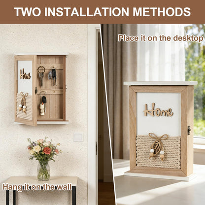 GMPAJHL Key Holder for Wall, Rustic Wooden Wall Mount Key Box with 6 Hooks, Farmhouse Key Storage Organizer Key Rack for Entryway Hallway Office, Boho Home Decor