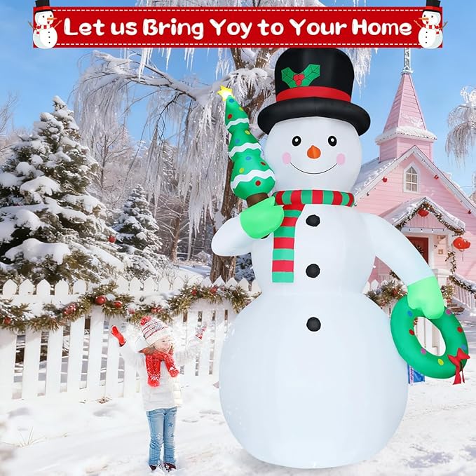GOOSH 12 FT Christmas Inflatable Snowman Outdoor Decoration Blow Up Yard Giant Cute Snowman with Christmas Tree & Wreath Built-in LEDs for Indoor Party Xmas Garden Lawn Decor