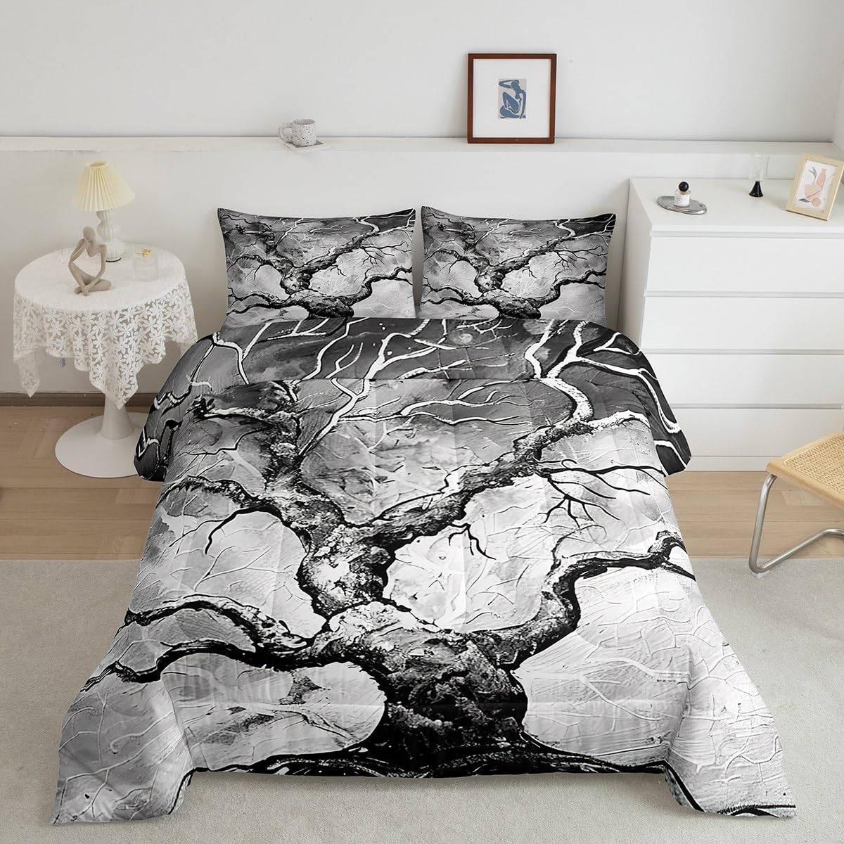 Manfei Tree Branch Comforter Set,Grey Tree Bedding Set Kids Teens Modern Decor,Modern Artwork Geometric Comforter with 1 Pillowcase for All Seasons,Twin