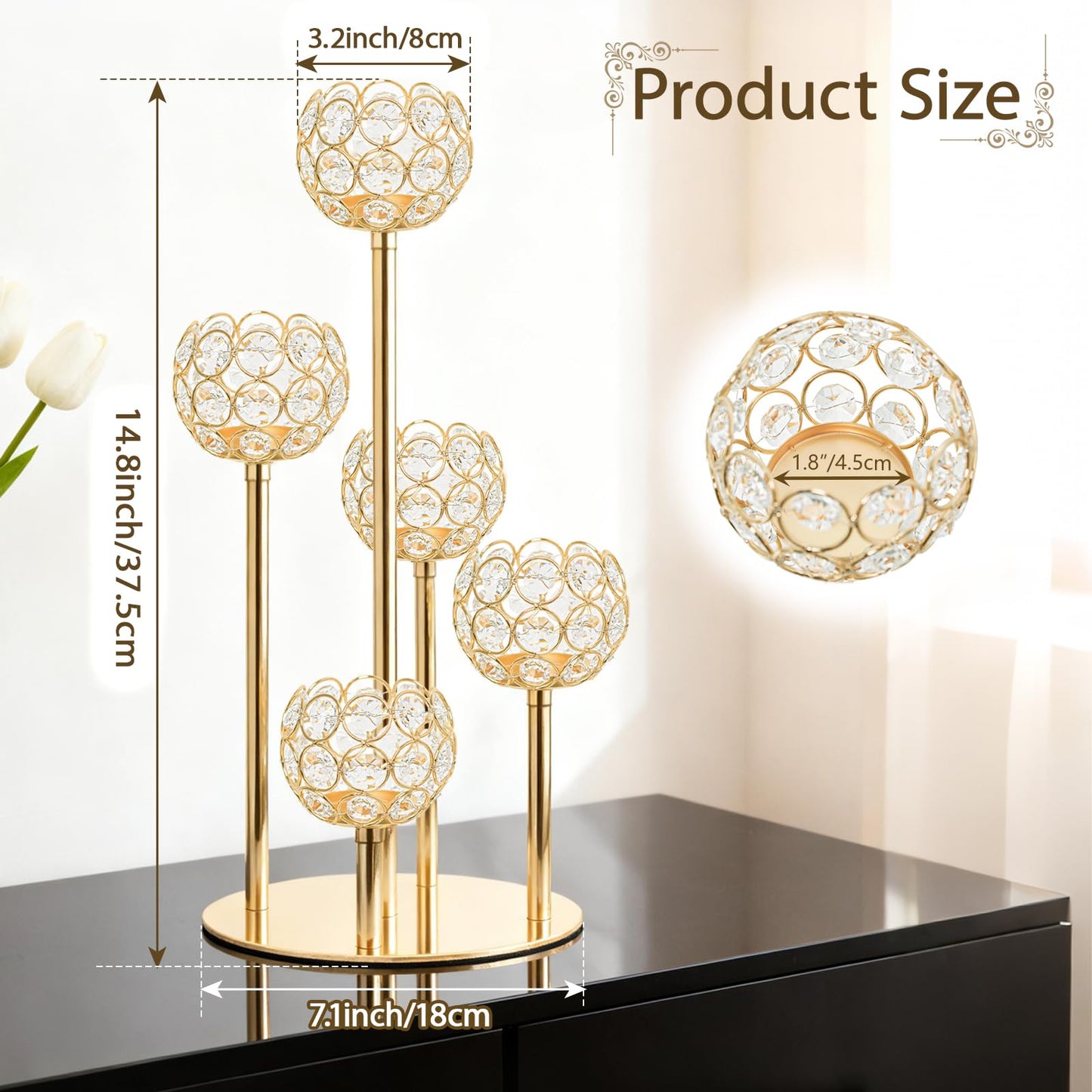 Kolnlala 5-Arm Crystal Tealight Candelabra Centerpiece, 14.8 Inch Metal Candle Holder for Table Decor, Wedding, Christmas, Party, Anniversary & Home Decoration (1, Gold, S-14.8 in)