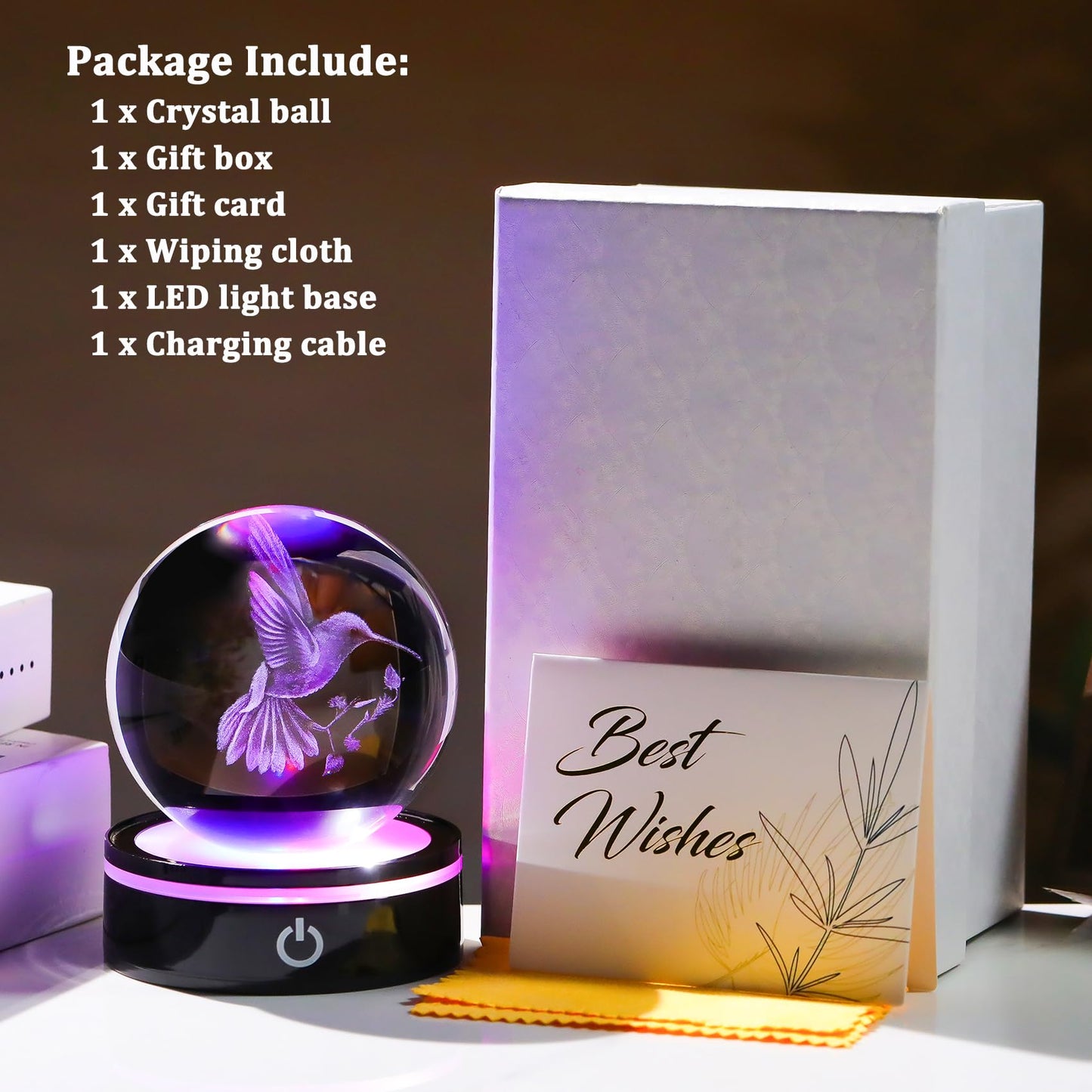 YWHL 3D Crystal Ball Hummingbird Figurine with LED Base, Hummingbird Gifts for Women Men on Christmas Birthday, Hummingbirds Ornament Glass Decorative Ball for Home Decor (80mm)