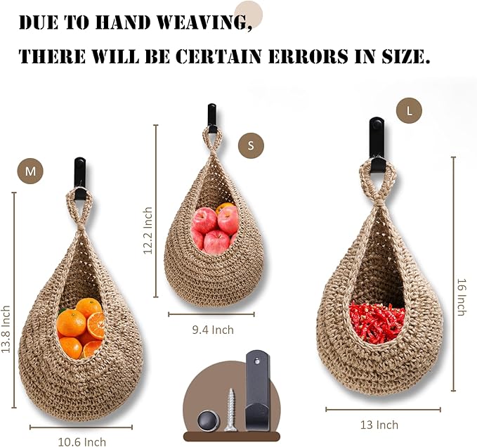 Hanging Fruit Large Basket Set of 3, Boho Wall Hanging Storage Basket