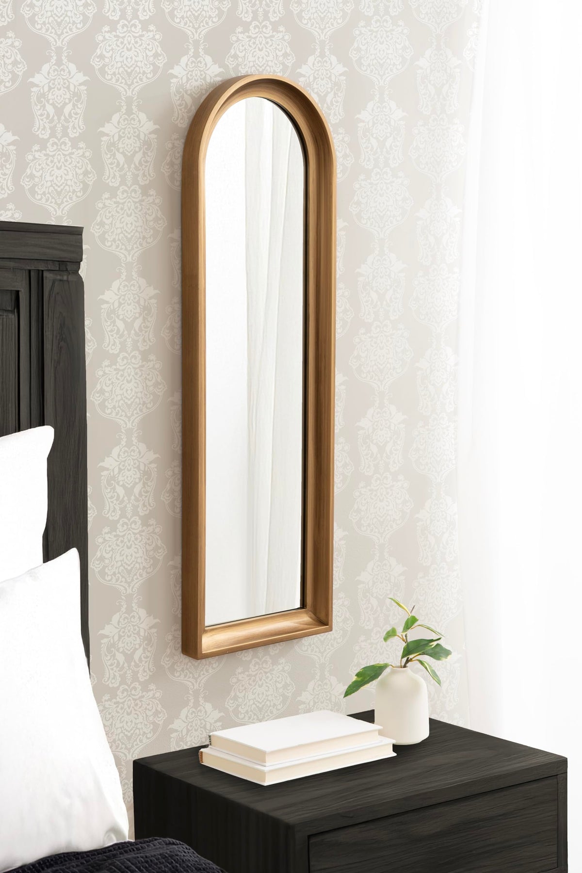 Kate and Laurel Hatherleigh Modern Slim Arched Panel Wall Mirror, 12 x 36, Gold, Transitional Narrow Wooden Arch Mirror for Use as Versatile Bedroom or Entryway Wall Decor