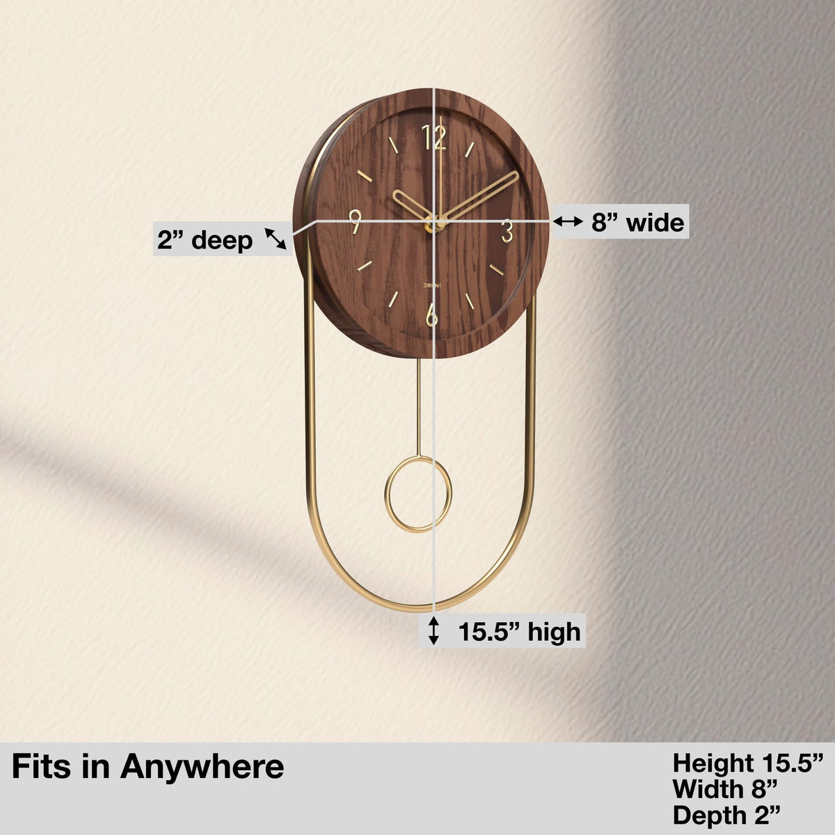 Driini Decorative Wall Clock with Pendulum (Walnut) – Modern Wood, 3D Gold Numbers, Metal Frame – Small, Unique Wall Clocks for Living Room Decor or Bathroom - Battery Operated, Silent, Non-Ticking