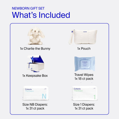 Coterie The Newborn Gift Set, Size Newborn Diapers (31 Count) & Size 1 (33 Count), 1 Travel Size Pack Baby Wipes (18 Count), Plant Based Materials, Hypoallergenic for Sensitive Skin, Baby Essentials