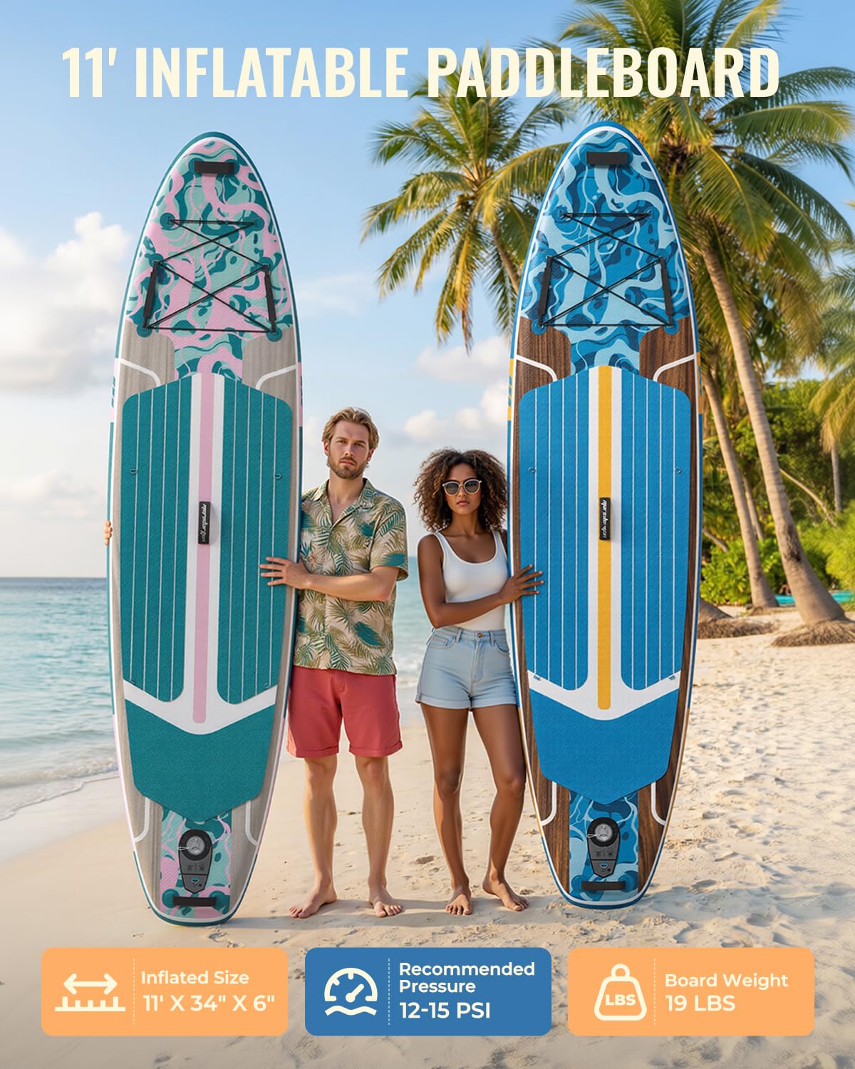 Marsdorgan 11ft Inflatable Stand Up Paddle Board with Kayak Seat, Wood Grain Lightweight SUP, 430lbs Capacity for Water Sports Fishing Surfing, 2-3 Person Family, w/Pump & 10L Dry Bag, Walnut