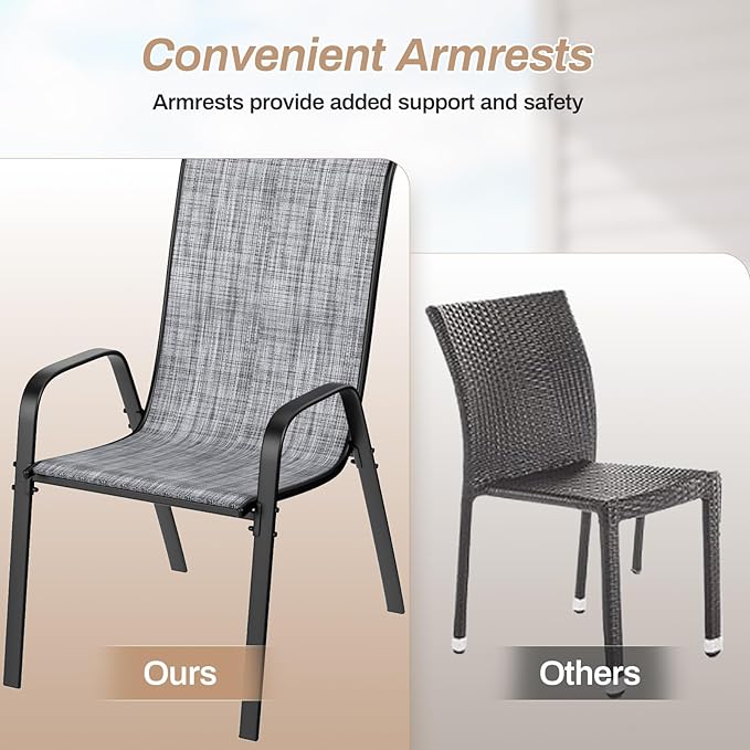 TLSUNNY Patio Chairs, Stackable Textilene Outdoor Dining Furniture for All Weather, with 17.7″ Wide Seat & Metal Frame, for Garden, Backyard, Deck, Restaurant, Poolside (8, Grey, 26.4″)