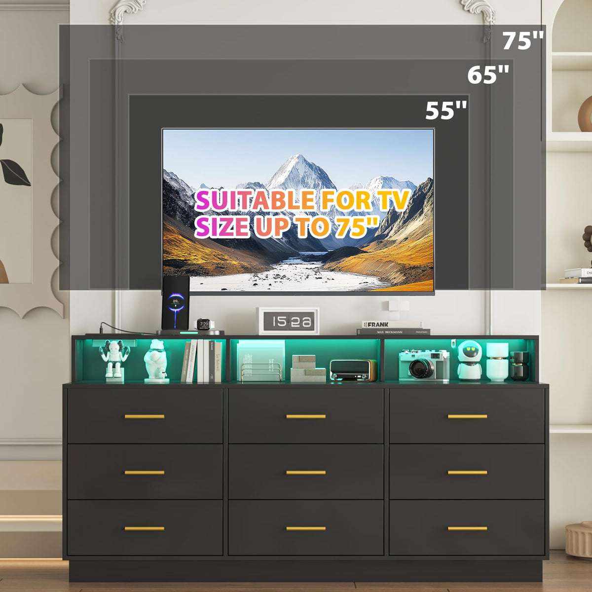 knoworld Black 9 Drawer Dressers for Bedroom, Modern Large Dresser with LED Light and Power Outlet, Wooden Long Dressers, Triple Dresser for Bedroom, Entryway, Hallway