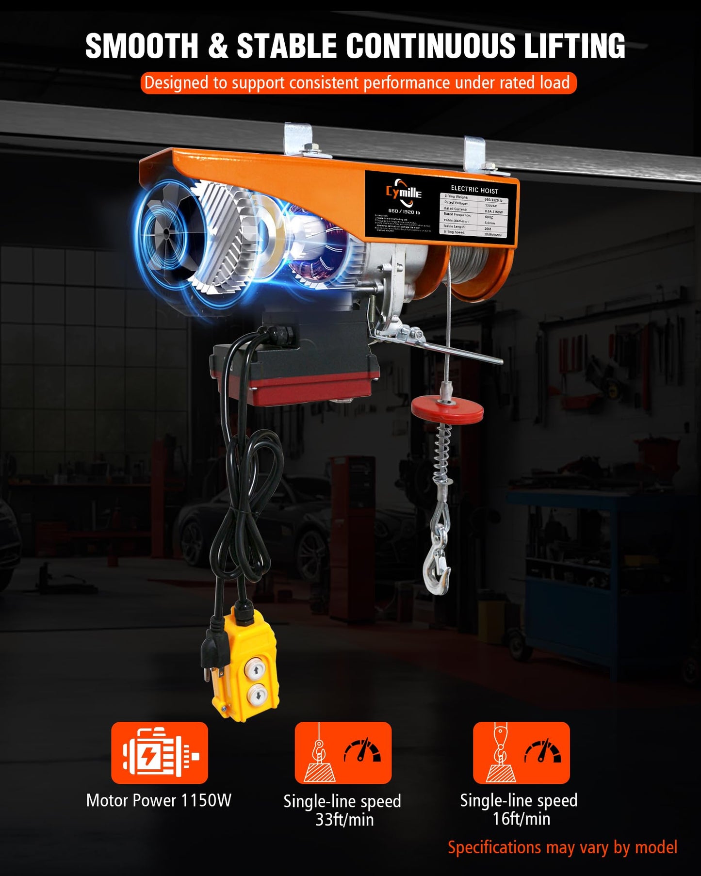 1320 lbs Electric Portable Hoist with Wireless/Wired Remote Control, Electric Hoist 110V, 16ft/33 ft/min Fast Lifting, 65.6 ft Height for Garage, Attic, Warehouse, Factory, Construction Site