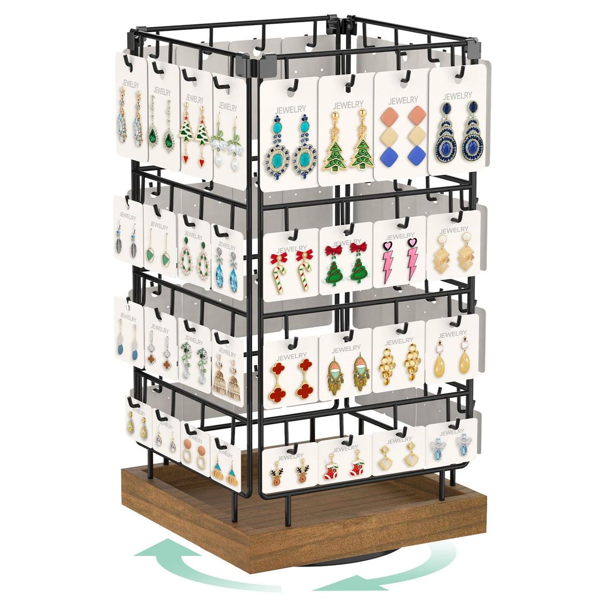 EsLuker.ly Rotating Earring Display Holder Stand for Vendors Events Selling, Large Capacity 64 Hooks Jewelry Rack with Wooden Base for Earring Card Sales, Enhances Retail Display Visibility