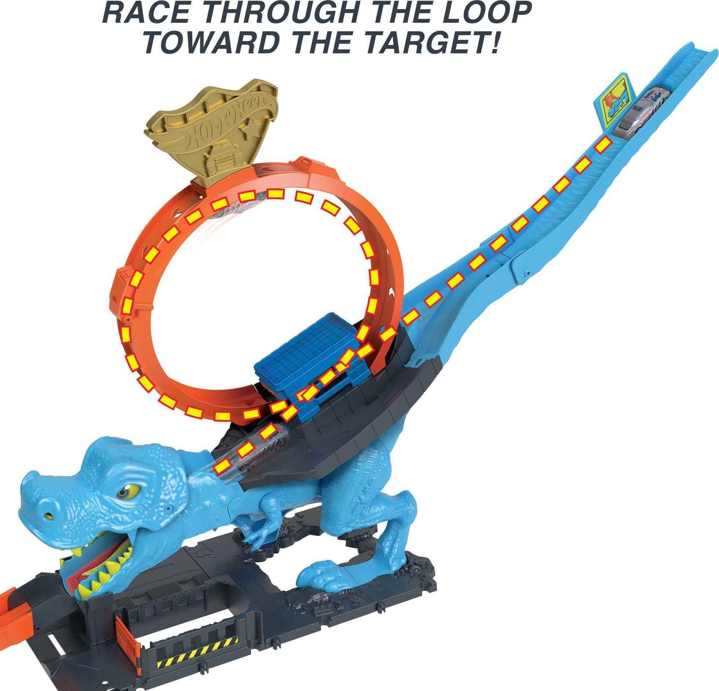 Hot Wheels City Racetrack, T-Rex Chomp Down, Knock Down Dinosaur with Car Stunt in Giant Loop, Includes 1 Toy Car in 1:64 Scale, Toys for Ages 4 and Up, One Pack, HNP77
