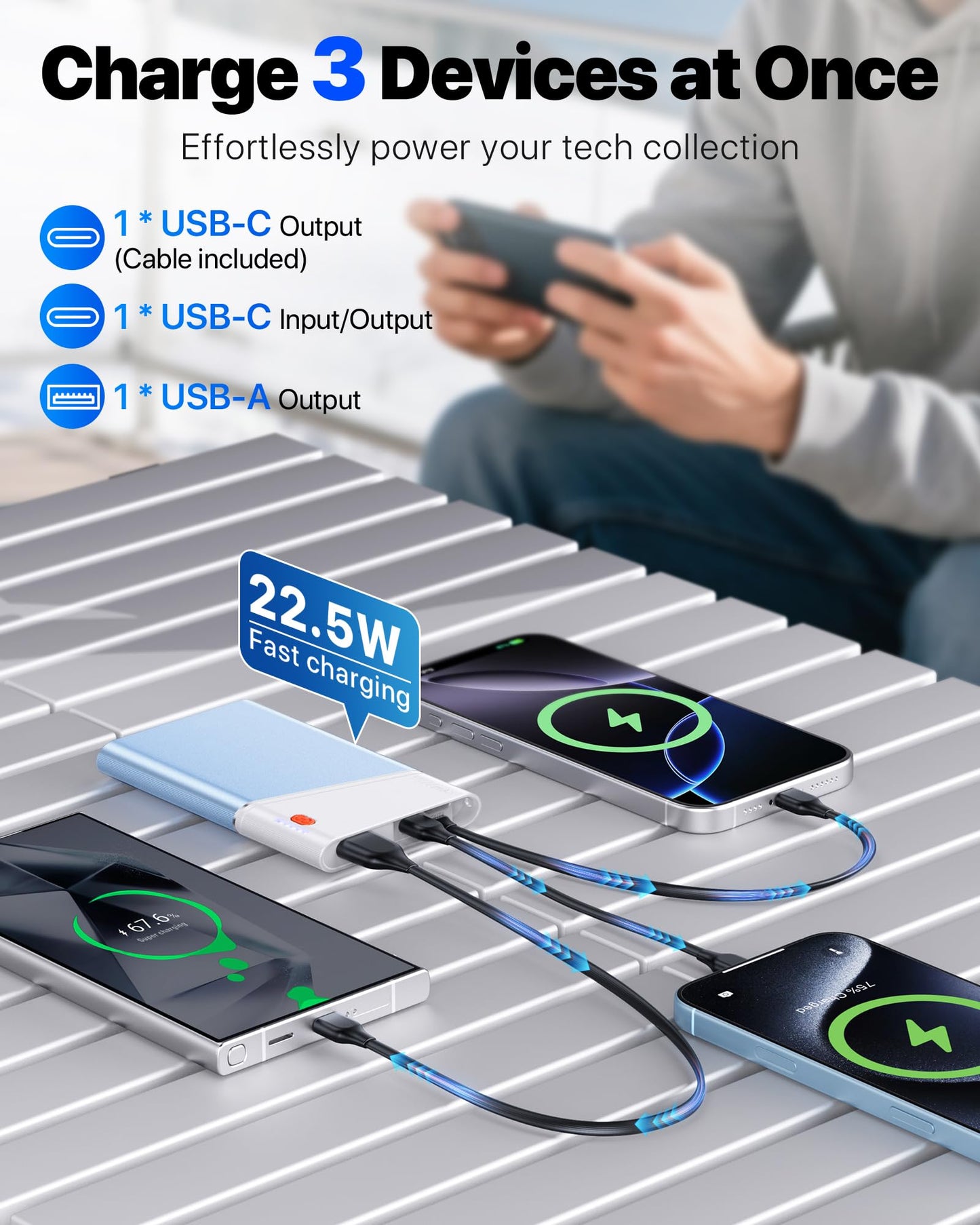 Portable Charger Power Bank, 10000mAh 22.5W PD Super Fast Charging Powerbank with Built-in USB C in&Out Cable, Slim External Phone Battery Pack for iPhone 17/16/15 iPad Samsung S24 Android etc