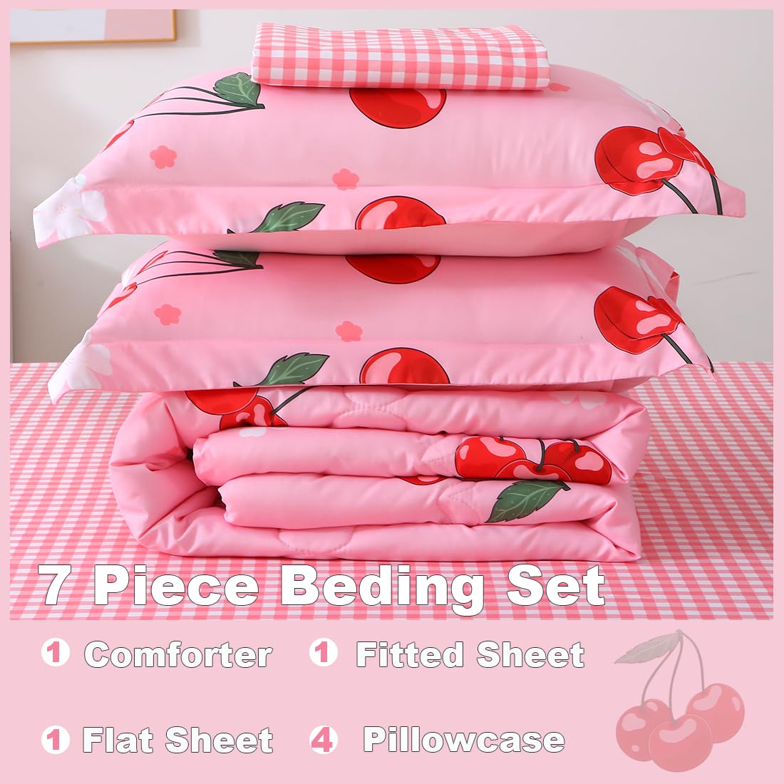 Gusuhome Girls Cherry Comforter Bedding Set Twin Size 7 Piece Pink Oriental Cherry Comforter Set Bed in A Bag for Kids Teens All Season (Comforter,Flat Sheet,Fitted Sheet and Pillow Sham)