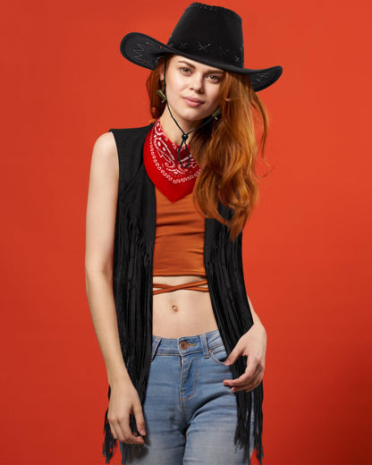 Xtinmee 4 Pcs Halloween Western Cowgirl Outfits Set Women Tassel Vest Cowboy Hat Dangle Drop Earring Paisley Bandana Dress up(3XL,Black)