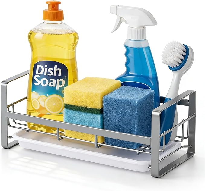 HULISEN Large Sponge Holder, 304 Stainless Steel Kitchen Soap Dispenser Caddy
