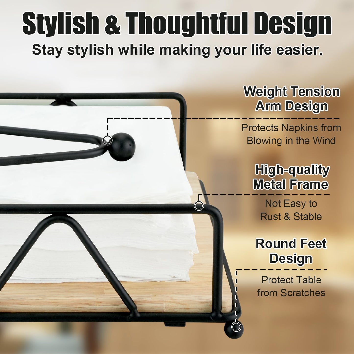Mulaibdin Napkin Holder, Flat Table Napkin Holder for Salt and Pepper Shakers, Metal Napkin Holders with Weighted Arm & Wooden Base for Kitchen Countertop (Black)