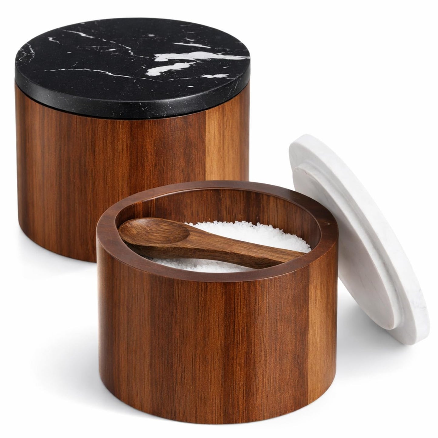 Singhoow 2 Pcs Acacia Wood Salt Cellar with Marble Lid Salt and Pepper with Spoon Natural Acacia Spice Container Decorative White Black Marble Cover for Kitchen Counter